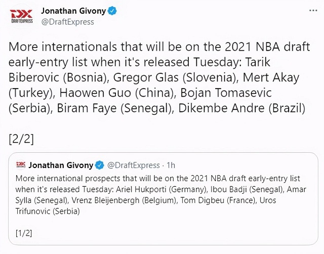 ESPN选秀专家Jonathan Givony报道郭昊文参选截图