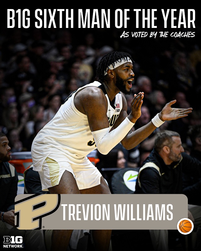 普度大学的内线特雷维恩-威廉姆斯(Trevion Williams)收获了Big Ten联盟的最佳第六人奖项