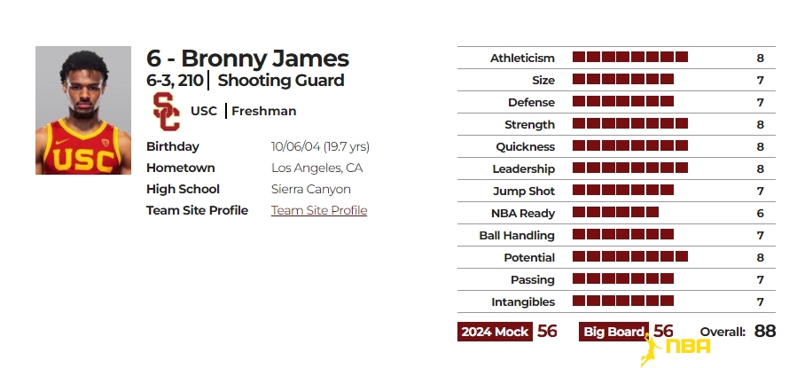 布朗尼-詹姆斯(Bronny James)球探报告数据图