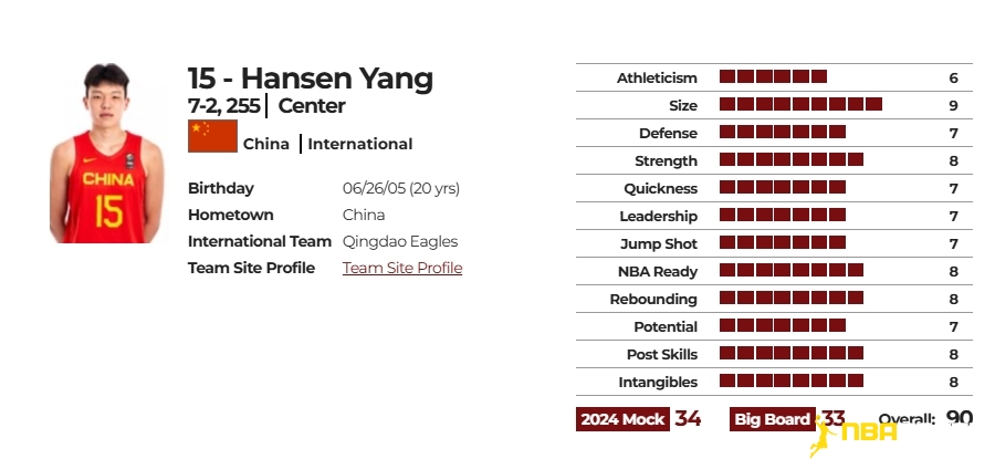 杨瀚森(Hansen Yang)球探报告数据图